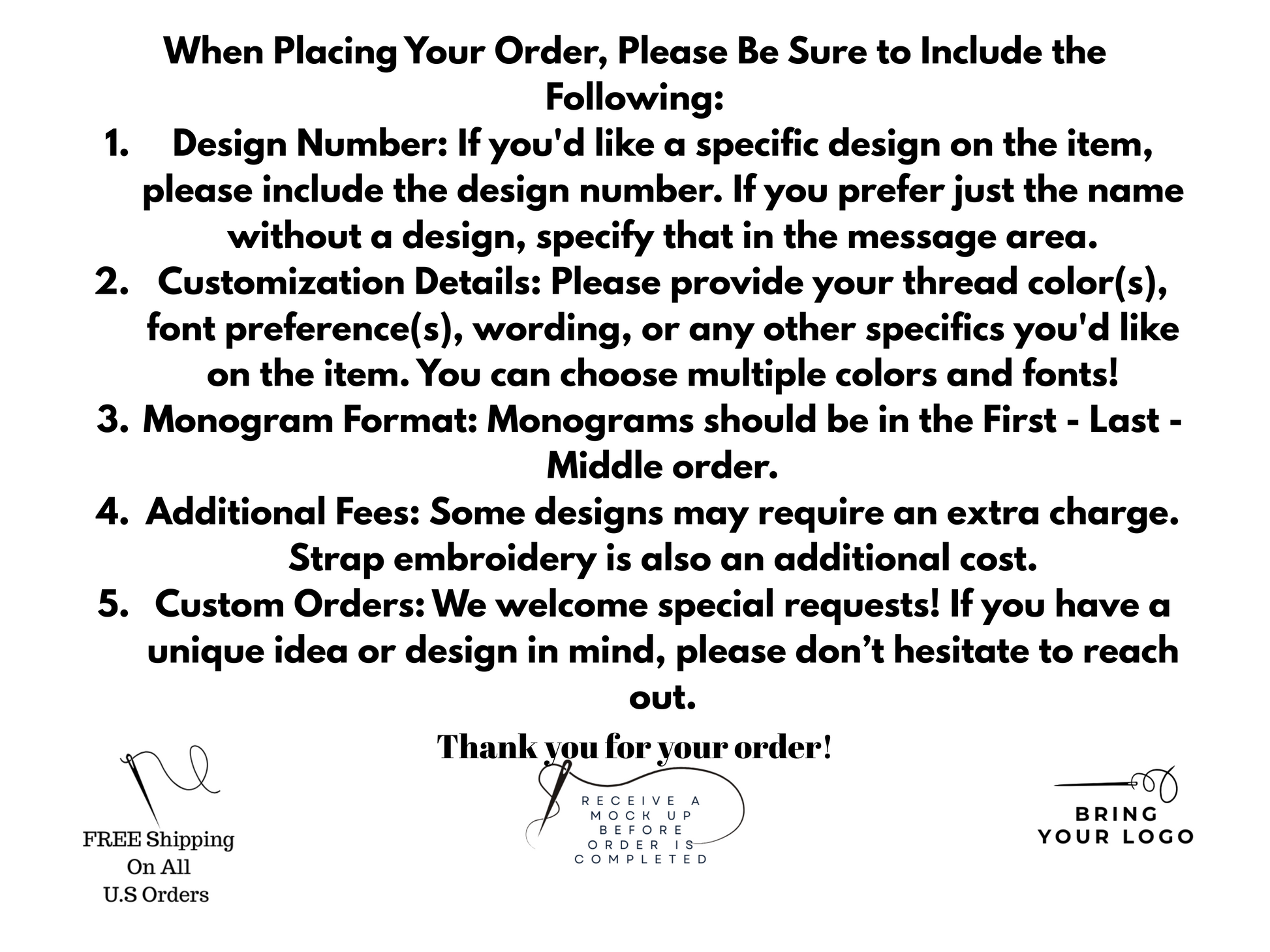 The image is a text document containing instructions for placing an order. It includes a list of items to be included in the order, such as the design number, customization details, monogram format, additional fees, and custom orders. The text is written in a clear and organized manner, providing specific instructions for the customer to follow.