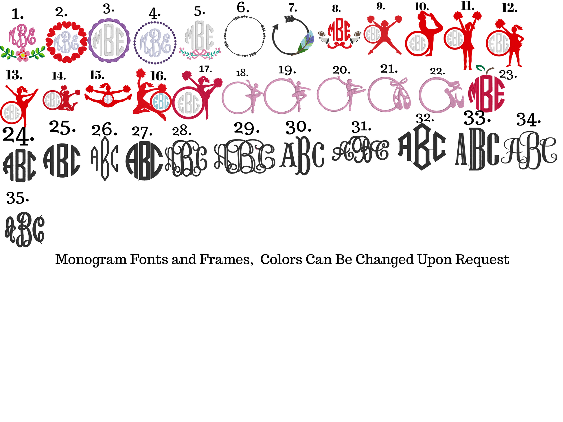 a collection of monogram fonts and frames, each with a unique color and design. The monogram fonts and frames are available in various colors, allowing for customization based on individual preferences. The image is a collage of multiple images showcasing different monogram designs, and the text indicates that the colors can be changed upon request.