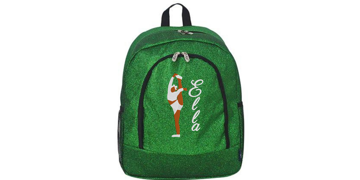 Personalized Monogrammed Glitter Backpack with Cheerleader Stunt Design