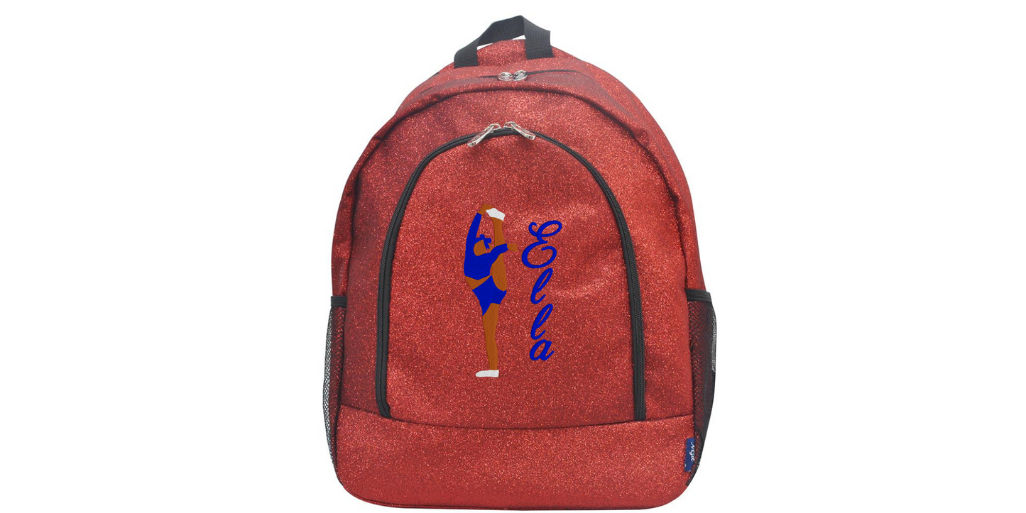 Personalized Monogrammed Glitter Backpack with Cheerleader Stunt Design
