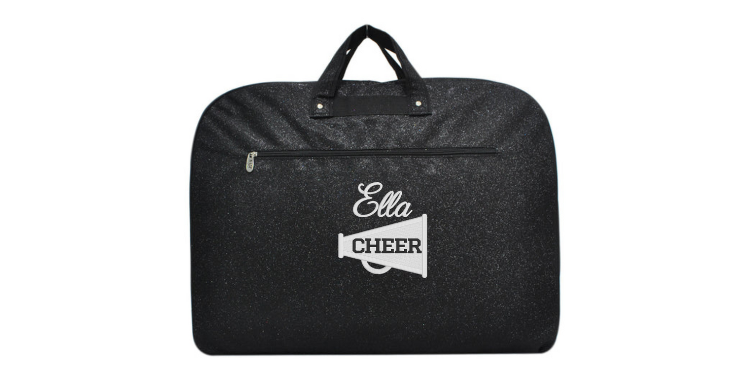 Personalized Glitter Garment Bag with Embroidered Cheerleader Megaphone Design