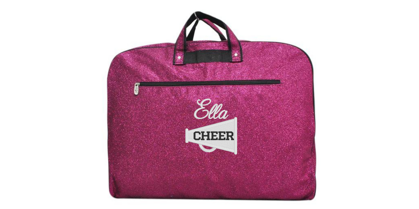 Personalized Glitter Garment Bag with Embroidered Cheerleader Megaphone Design