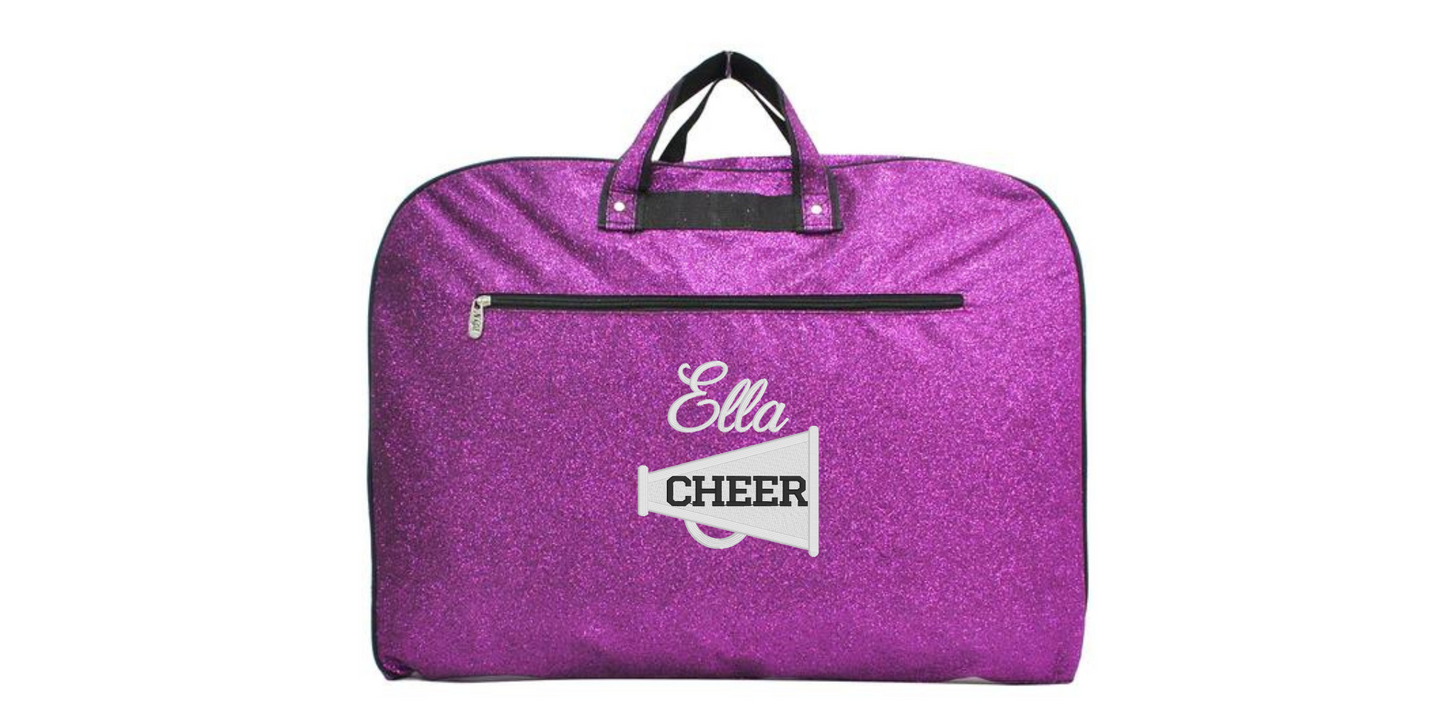 Personalized Glitter Garment Bag with Embroidered Cheerleader Megaphone Design