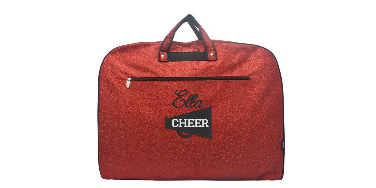 Personalized Glitter Garment Bag with Embroidered Cheerleader Megaphone Design