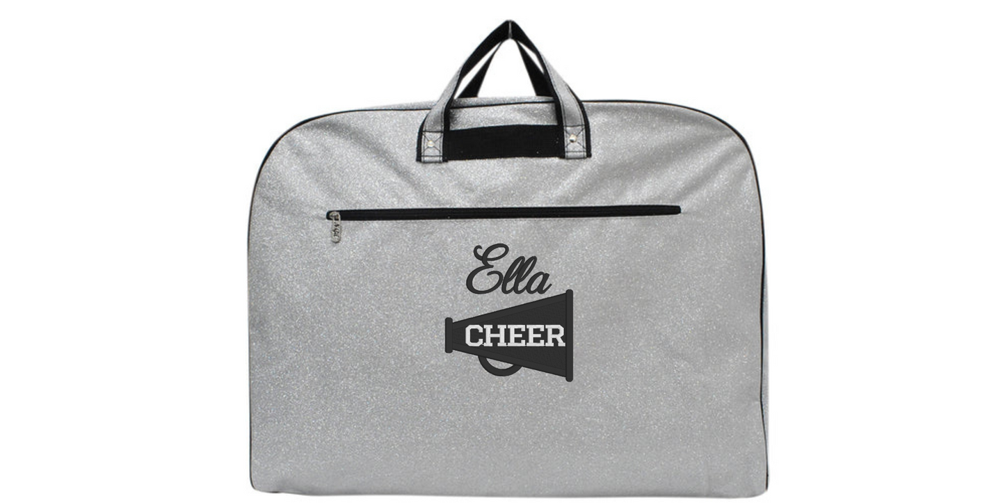 Personalized Glitter Garment Bag with Embroidered Cheerleader Megaphone Design