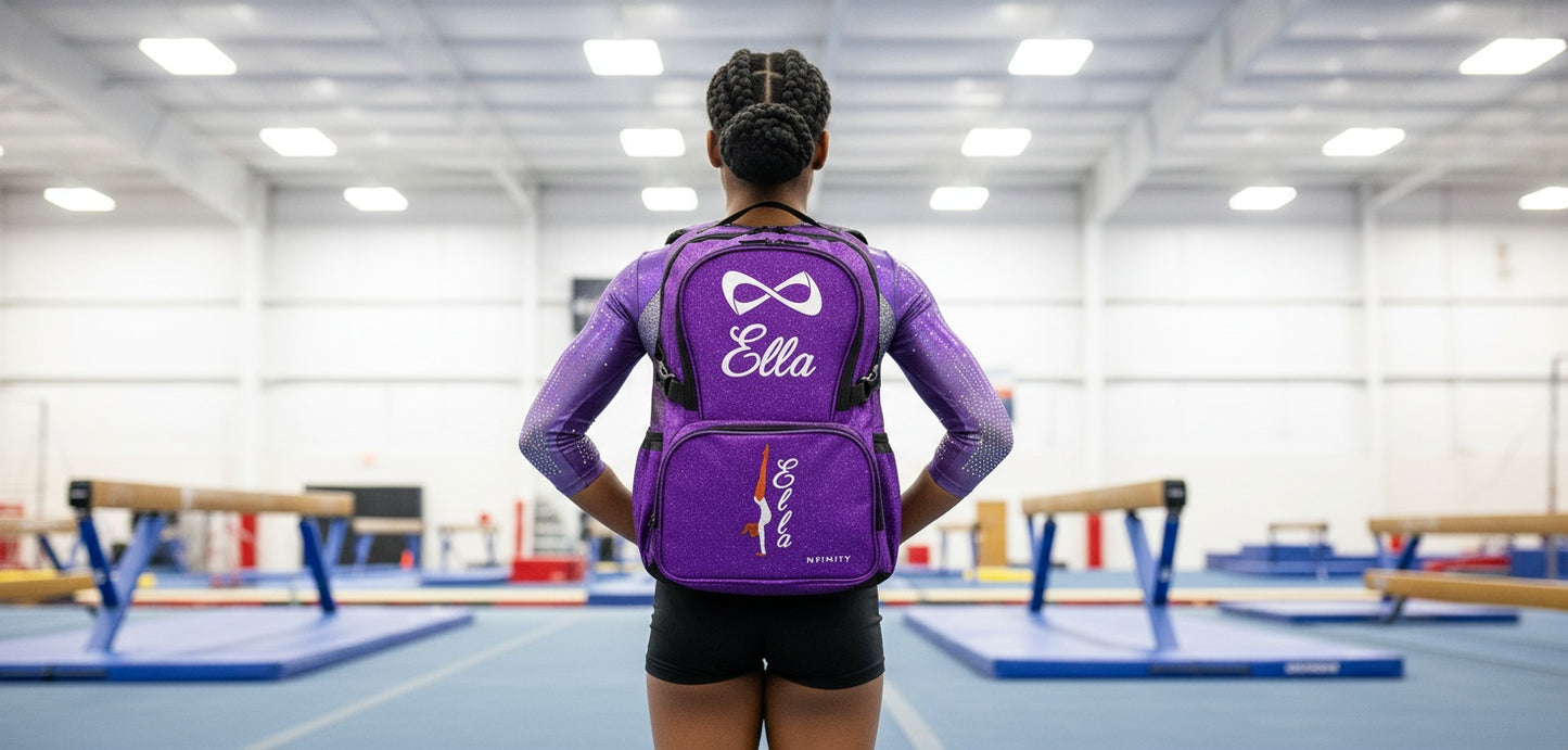 Nfinity Sparkle Glitter Backpack with Embroidered Handstand Design