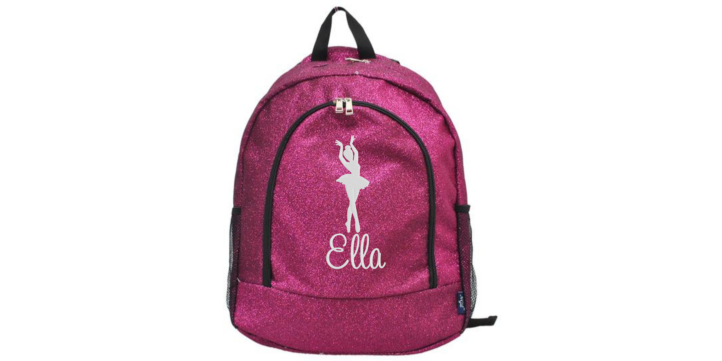 Customizable Embroidered Pink Glitter Backpack for Dancers, Stylish & Trendy