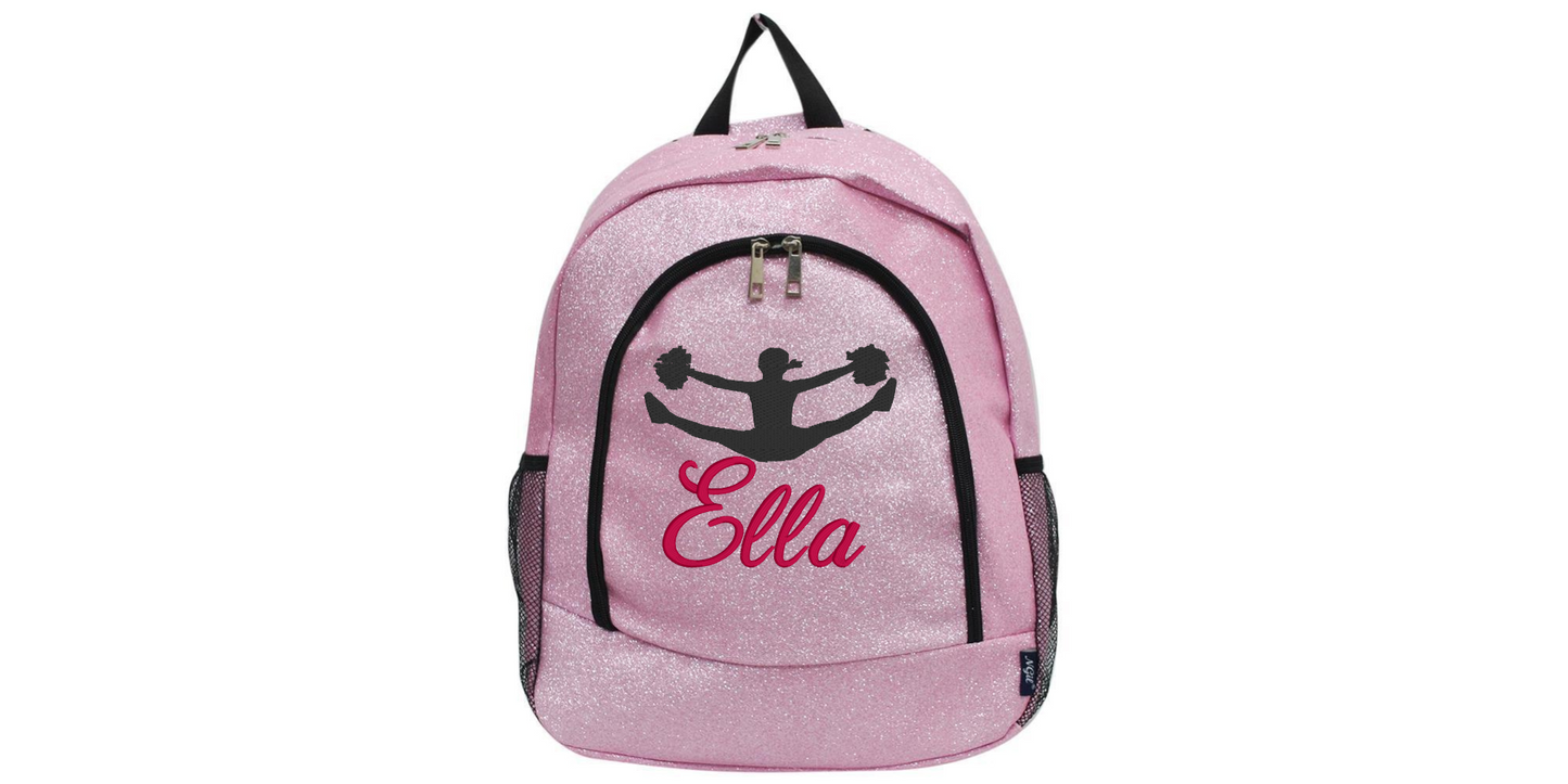 Sparkle Glitter Backpack with Embroidered Cheerleader Toe Touch Design