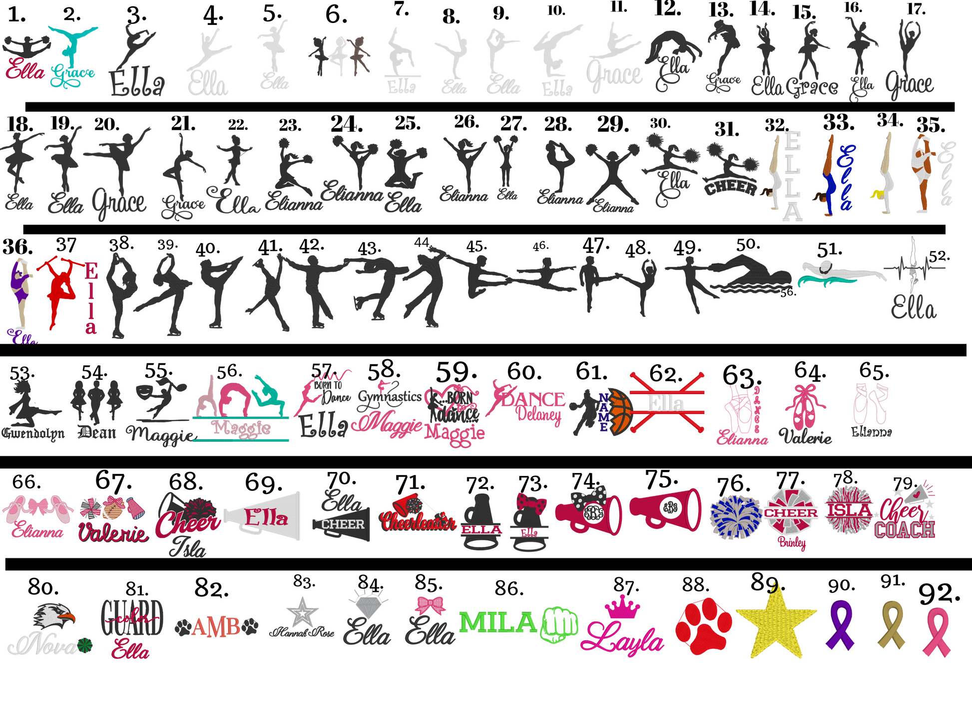 a collage of various silhouettes and logos, including dancers, cheerleaders, and other sports-related imagery. The silhouettes are in different styles and poses, and the logos are in various colors and designs. The image is not a single photograph but a collection of multiple images that come together to create a larger visual composition.