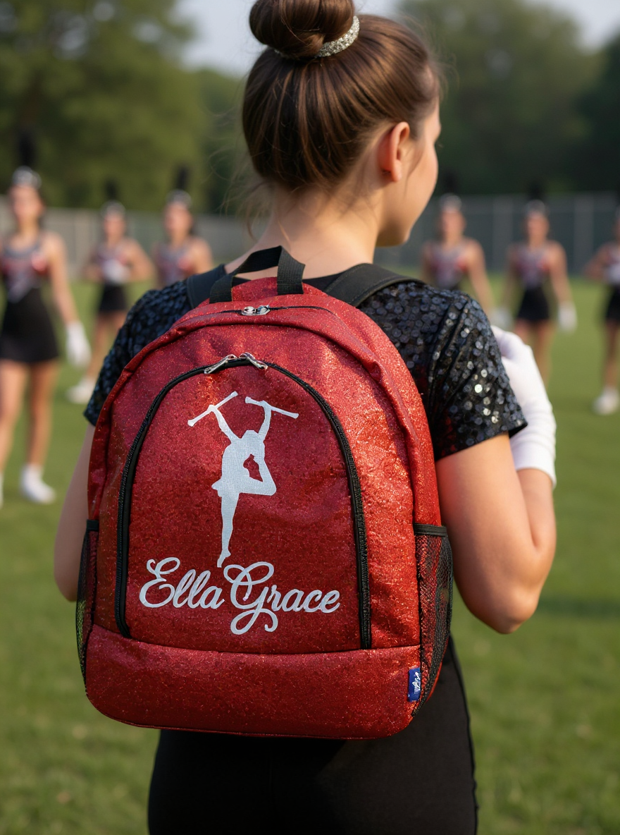 Sparkle Glitter Backpack with Embroidered Majorette Twirler Design