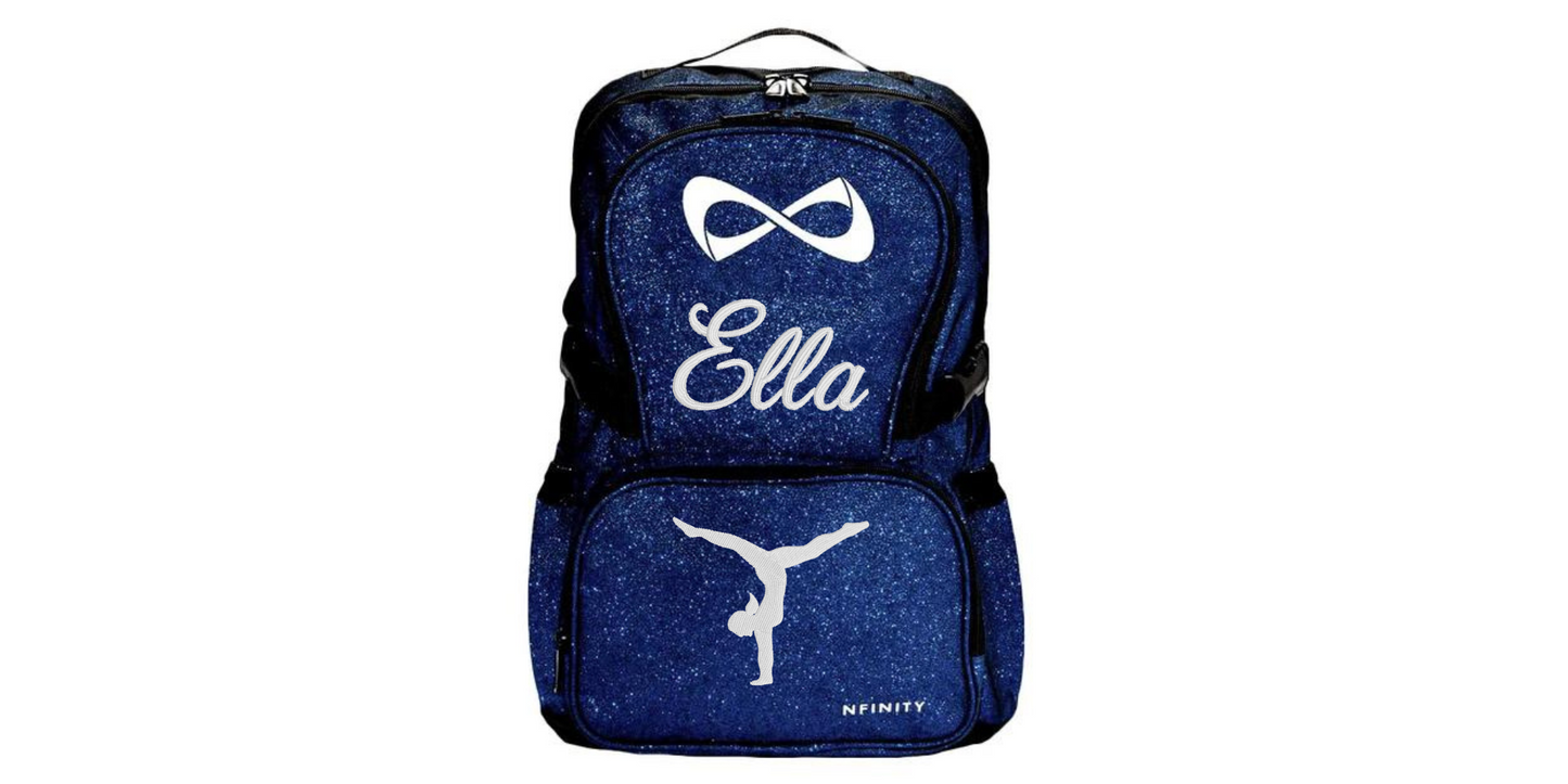 Nfinity Sparkle Glitter Backpack with Embroidered Handstand Design