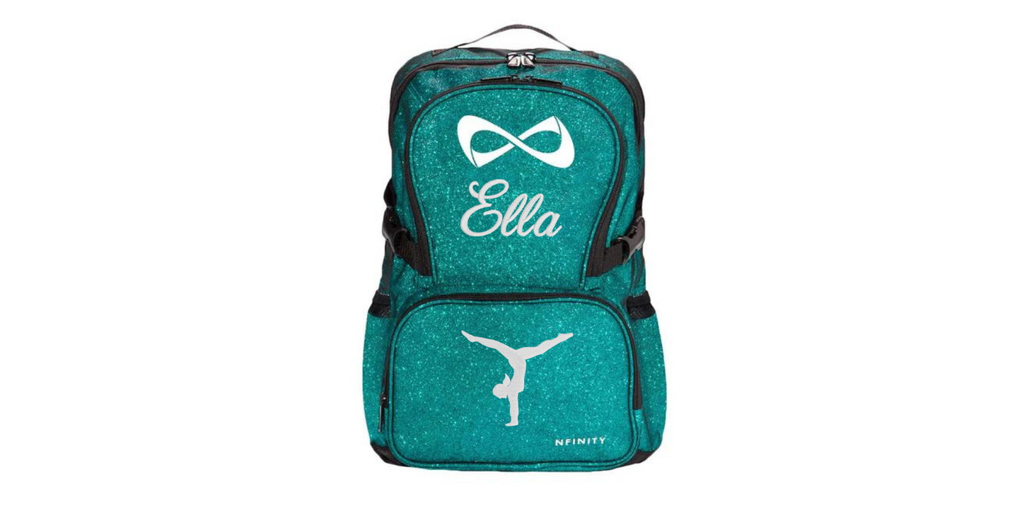 Nfinity Sparkle Glitter Backpack with Embroidered Handstand Design
