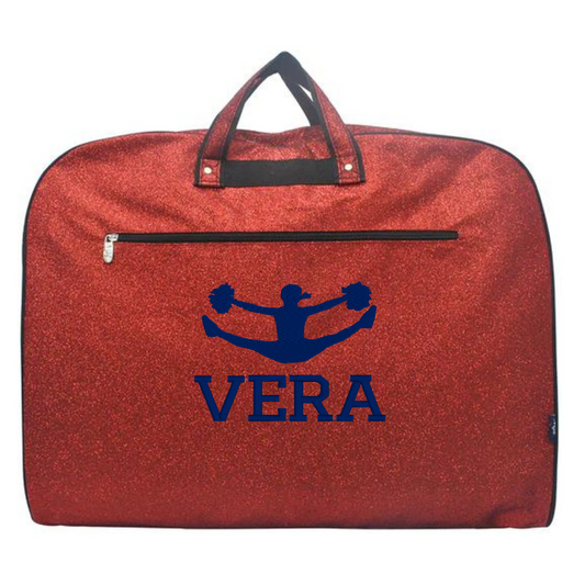 personalized red glitter cheerleading garment bag with cheerleader silhouette and custom name for competitions and travel