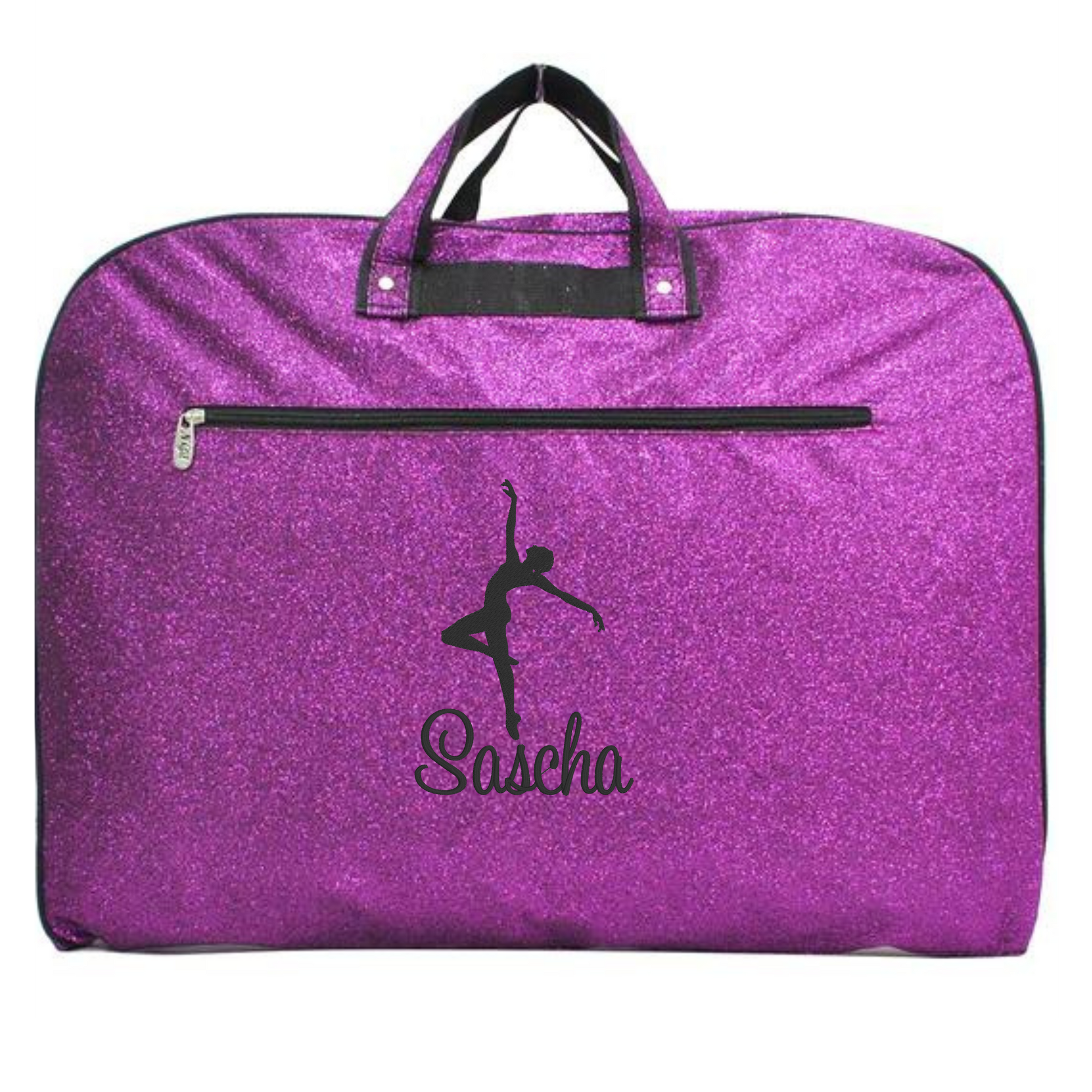 personalized glitter dance garment bag with dancer silhouette and custom name for dance competitions and recitals
