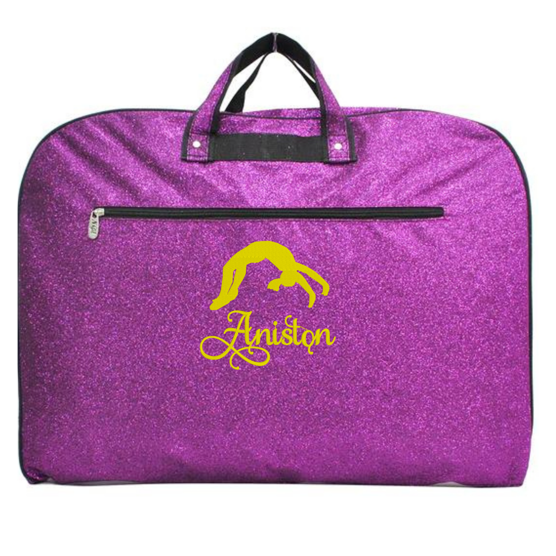 personalized glitter gymnastics garment bag with gymnast silhouette and custom name for gymnastics competitions and travel