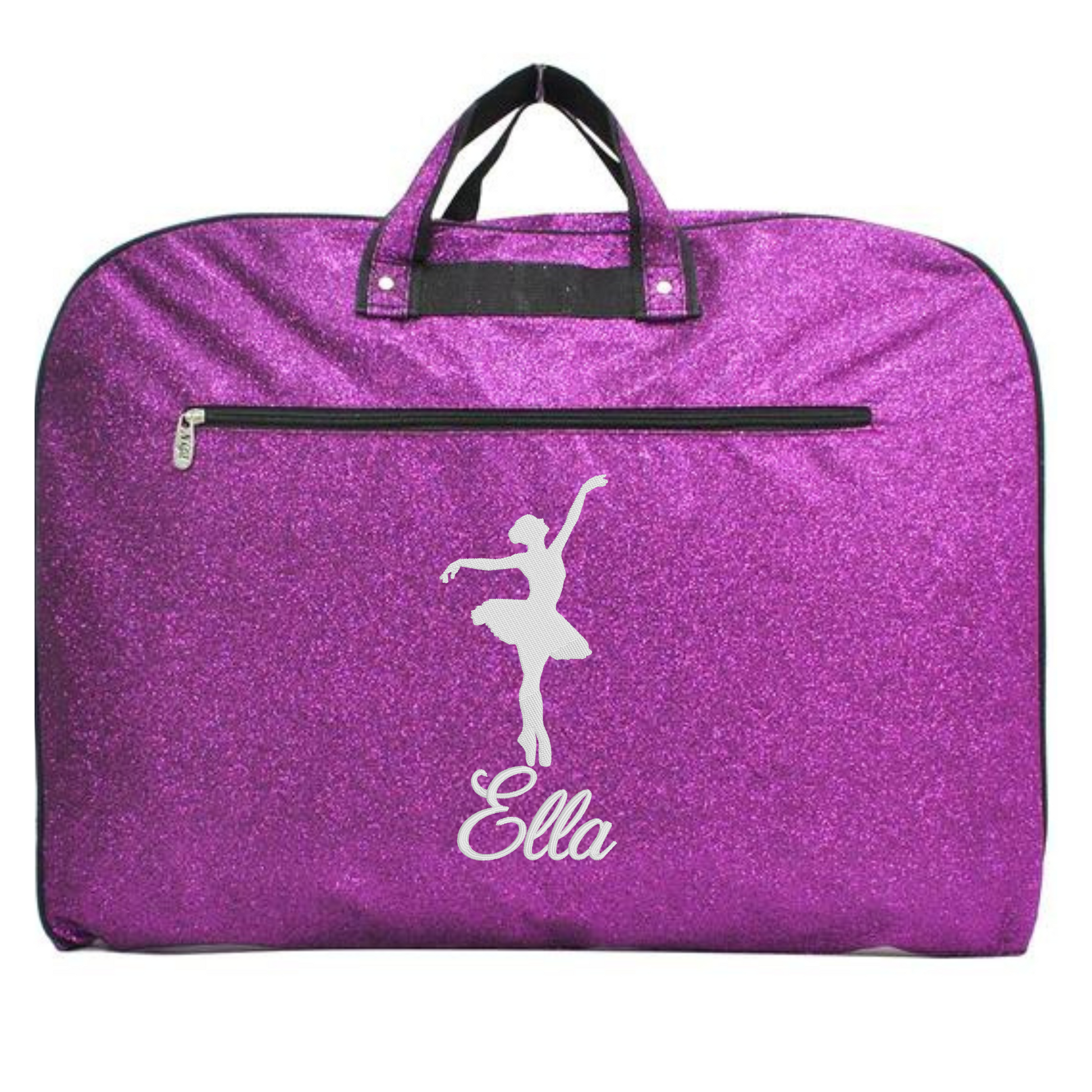 personalized glitter dancer garment bag with ballerina silhouette and custom name for dance recitals and competitions