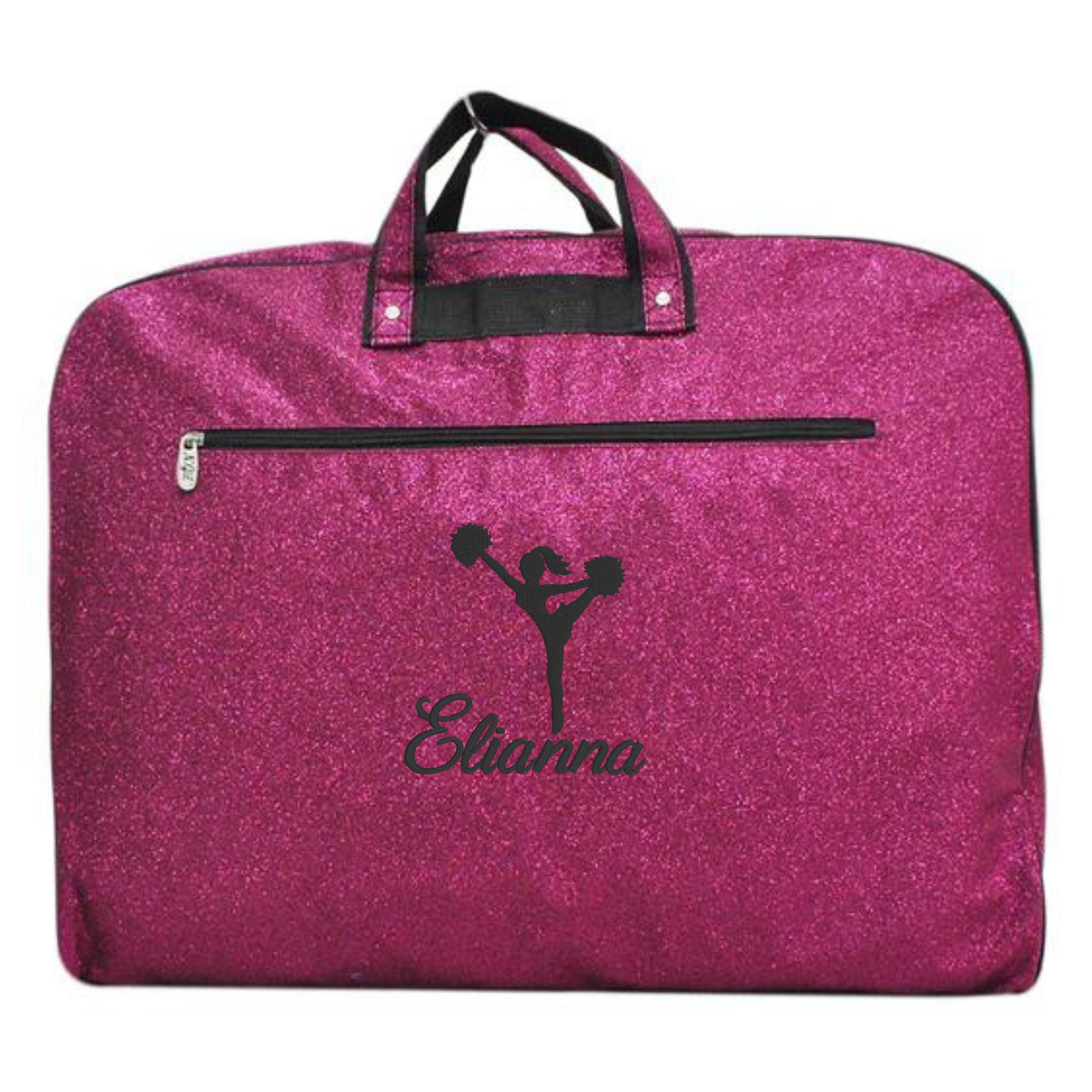 Personalized glitter cheer garment bag with name for cheer uniforms and competition travel