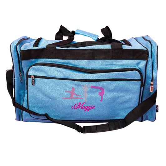 Personalized turquoise glitter gymnastics duffle bag with gymnast silhouette design and custom name for girls gym gear.