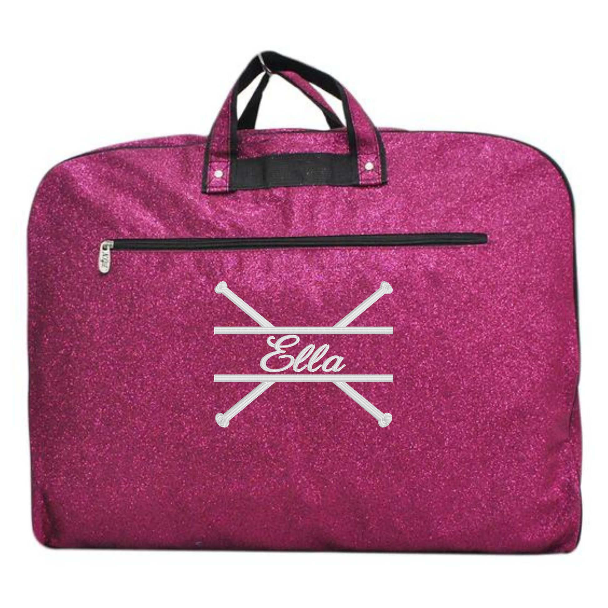 personalized pink glitter majorette garment bag with crossed baton design and custom name for baton twirling competitions and travel
