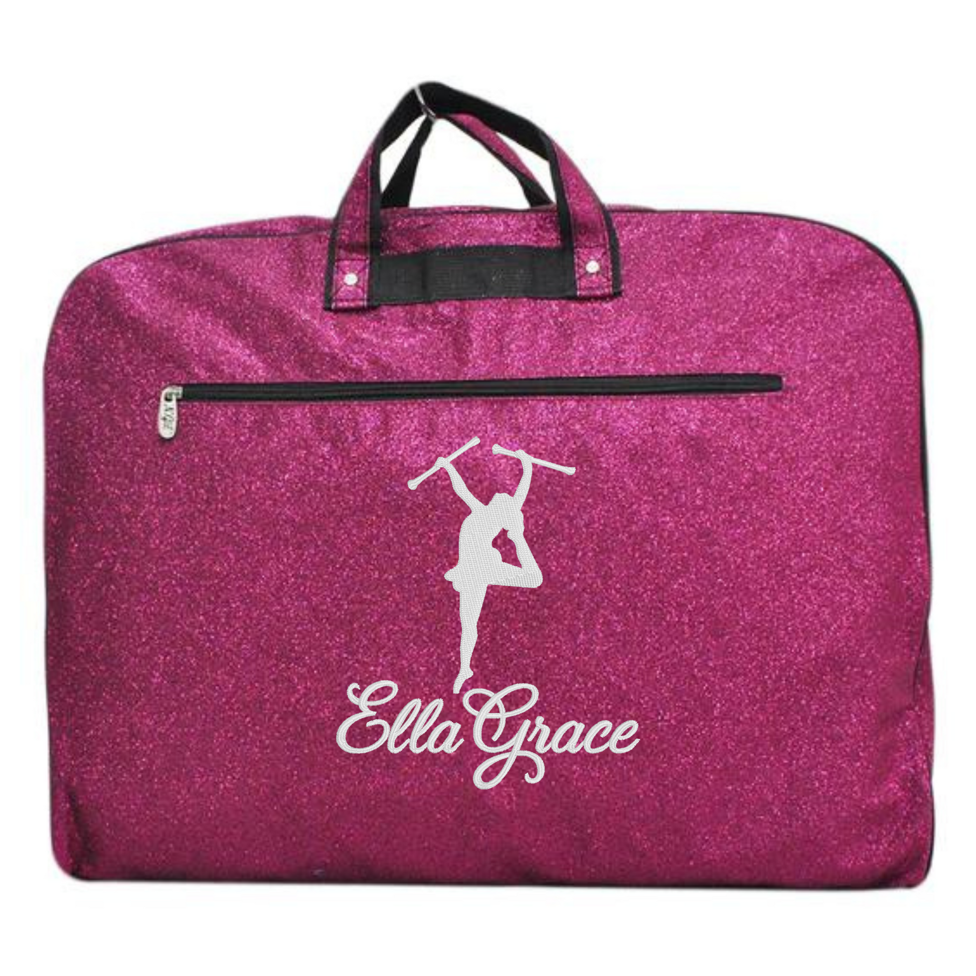 personalized pink glitter majorette garment bag with baton twirler silhouette and custom name for baton twirling competitions and travel