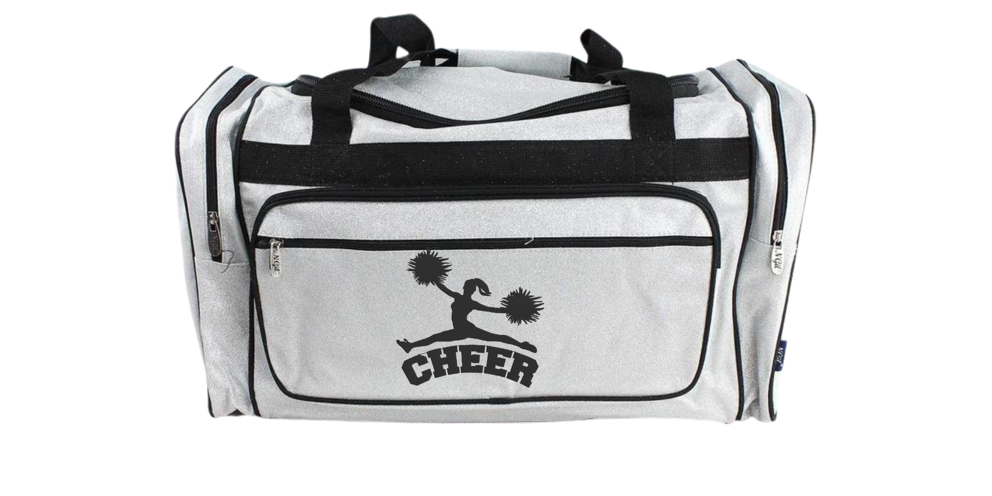Personalized silver glitter cheerleading duffle bag with cheerleader toe-touch silhouette and custom name.