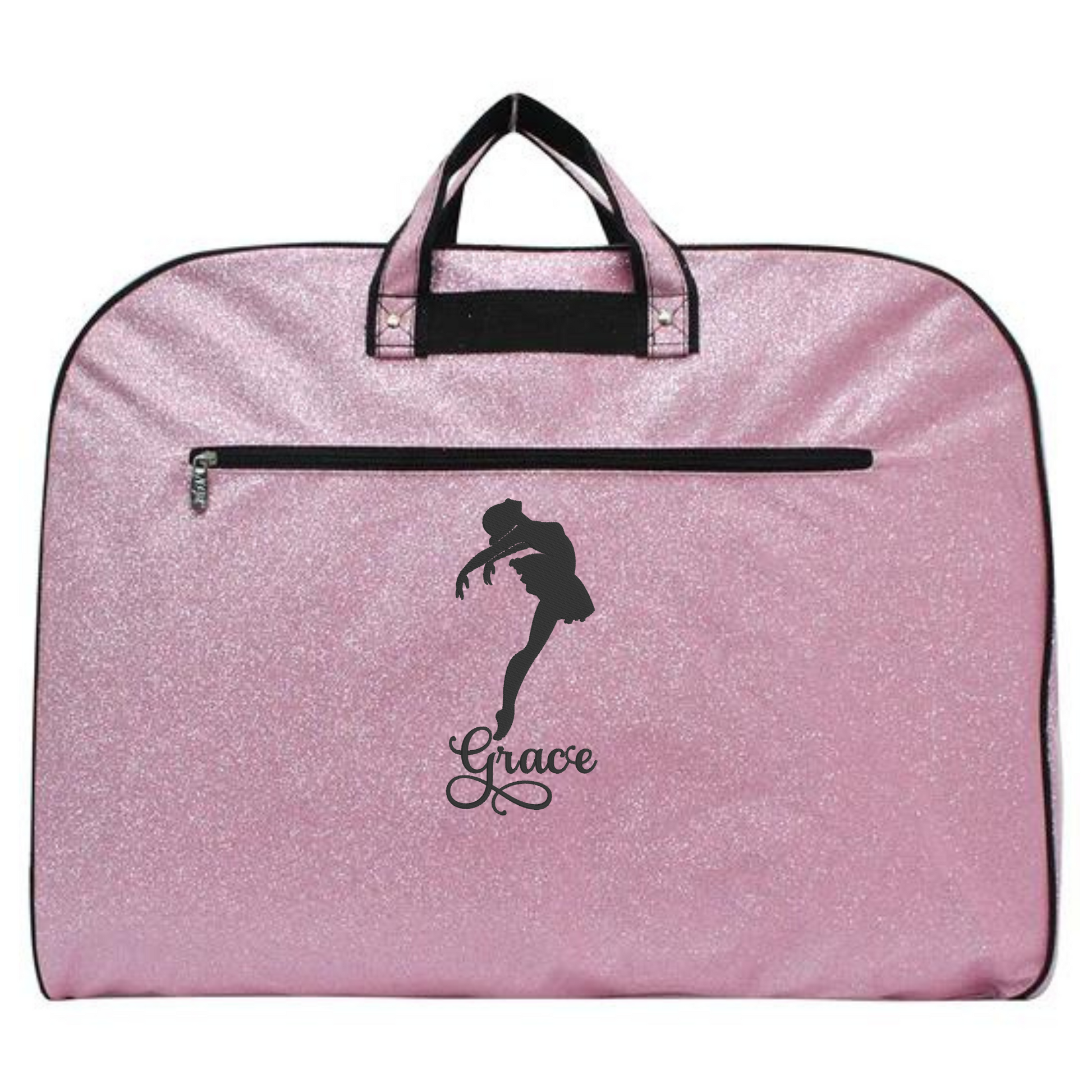 personalized pink glitter ballet garment bag with ballerina silhouette and custom name for dance recitals and competitions