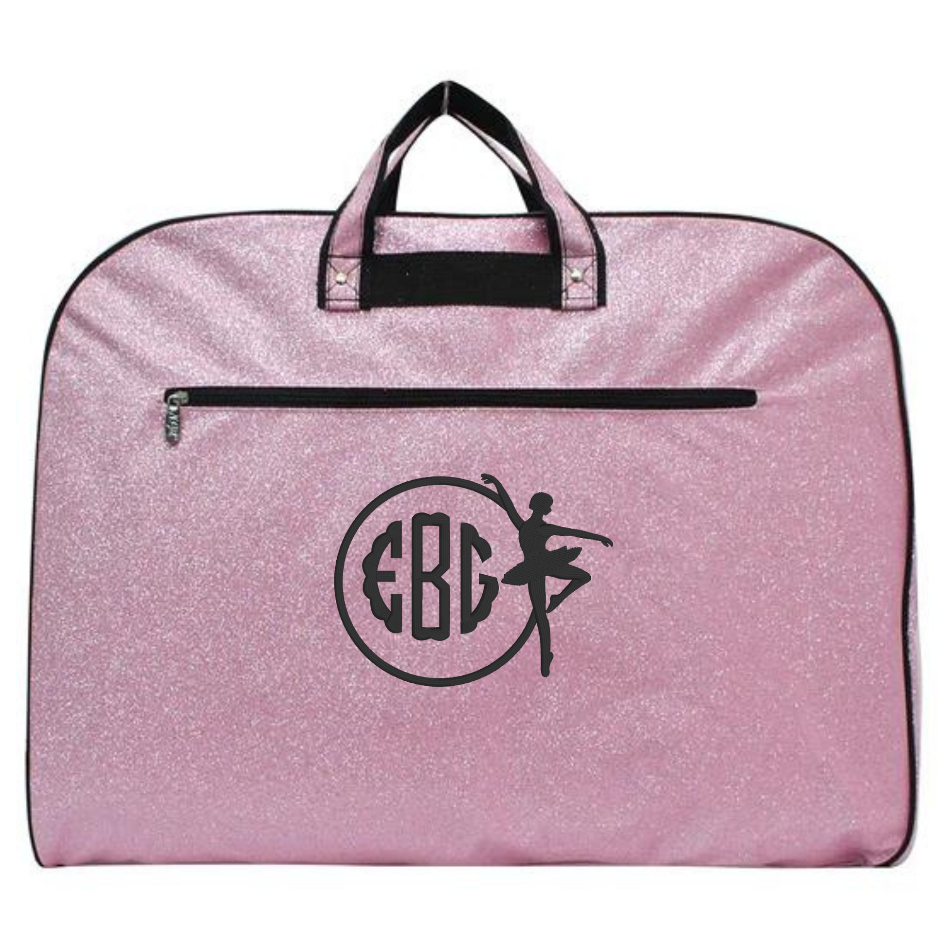 personalized pink glitter ballet monogram garment bag with ballerina silhouette for dance costumes and competitions