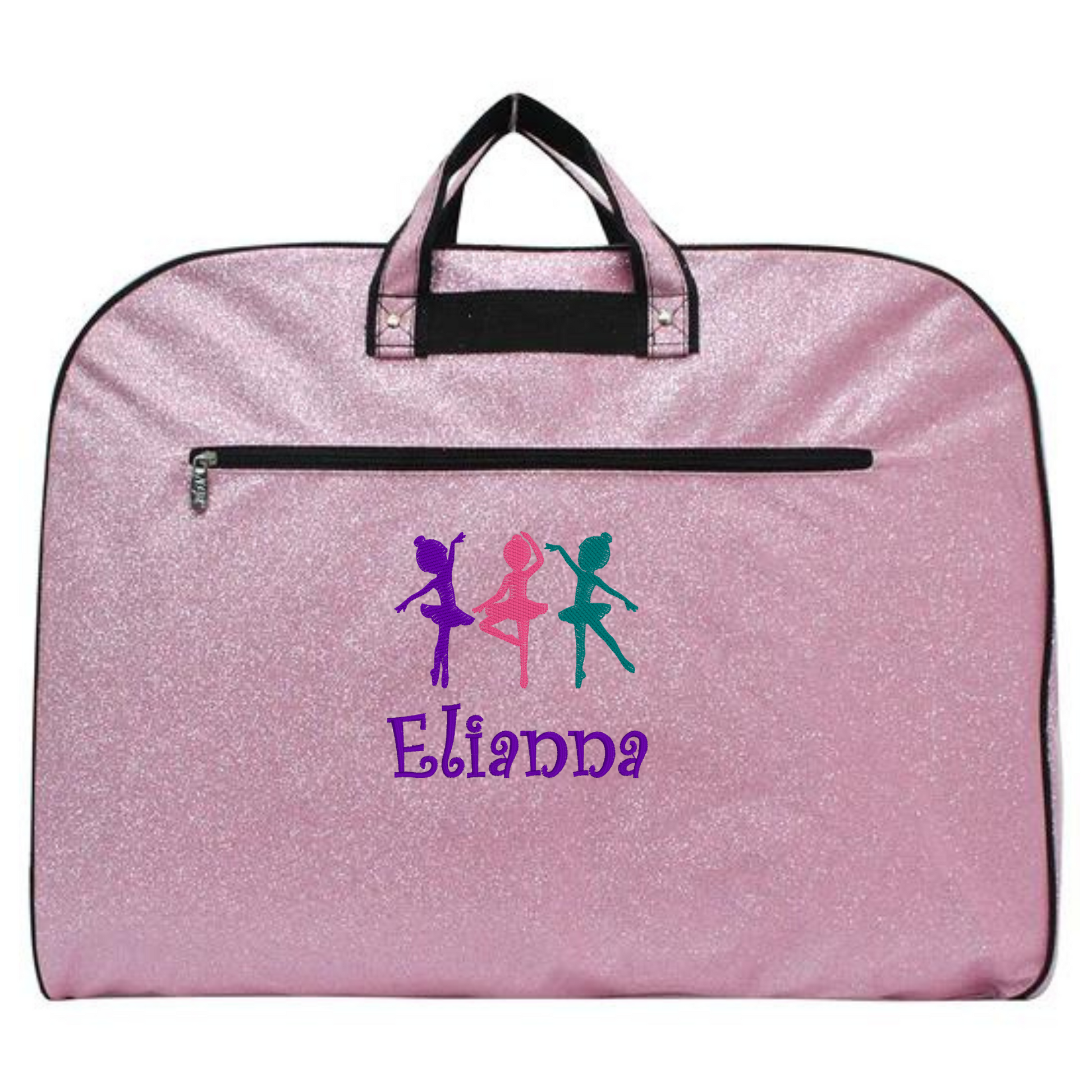 personalized pink glitter dance garment bag with dancer silhouettes and custom name for dance competitions and recitals
