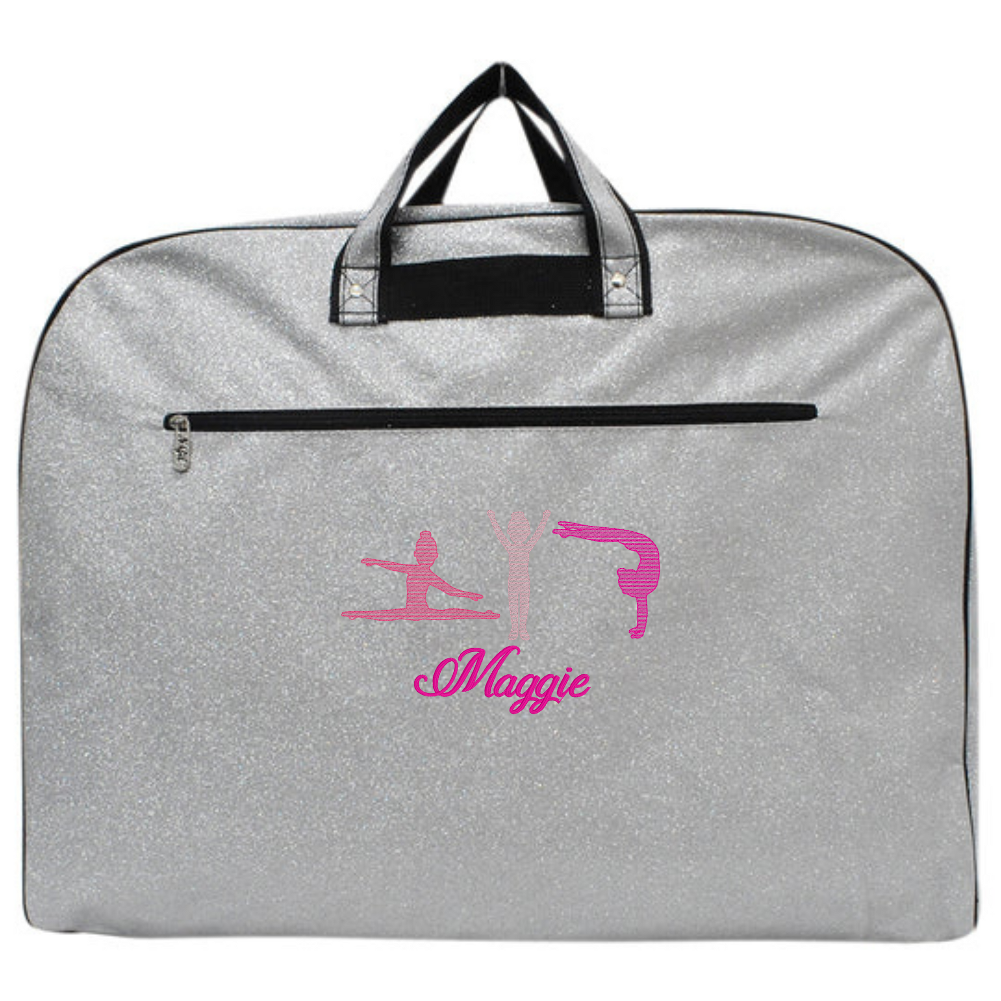 personalized silver glitter gymnastics garment bag with gymnast silhouettes and custom name for gymnastics competitions and travel