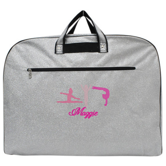 personalized silver glitter gymnastics garment bag with gymnast silhouettes and custom name for gymnastics competitions and travel