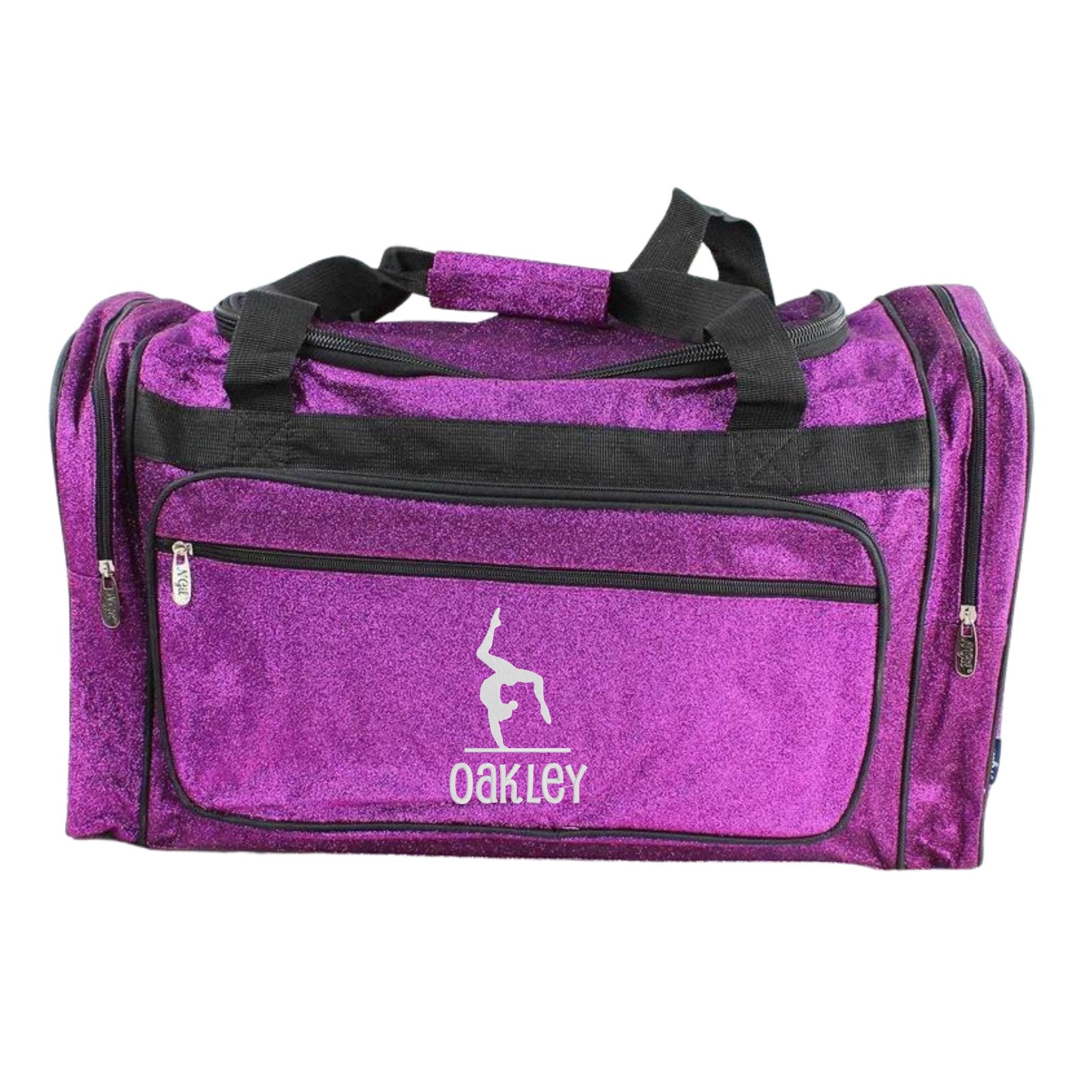 Pink glitter gymnastics duffle bag with black straps and multiple zipper pockets for cheer, dance, and sports gear.