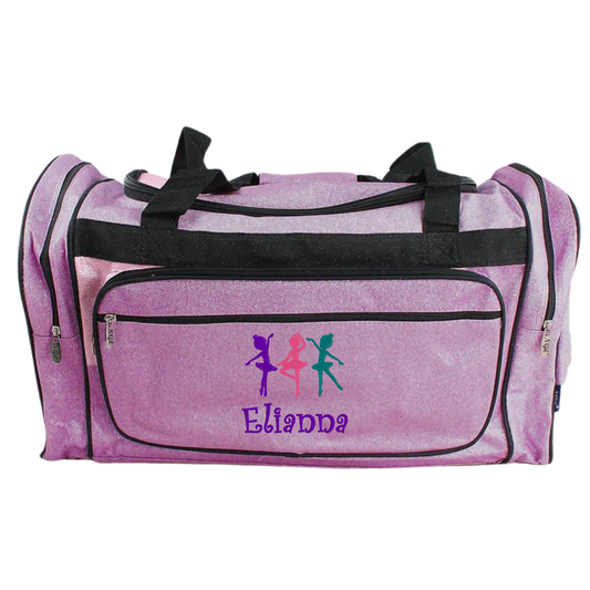 Personalized pink glitter dance duffle bag with custom name and ballet dancer design for girls dance and gymnastics gear.
