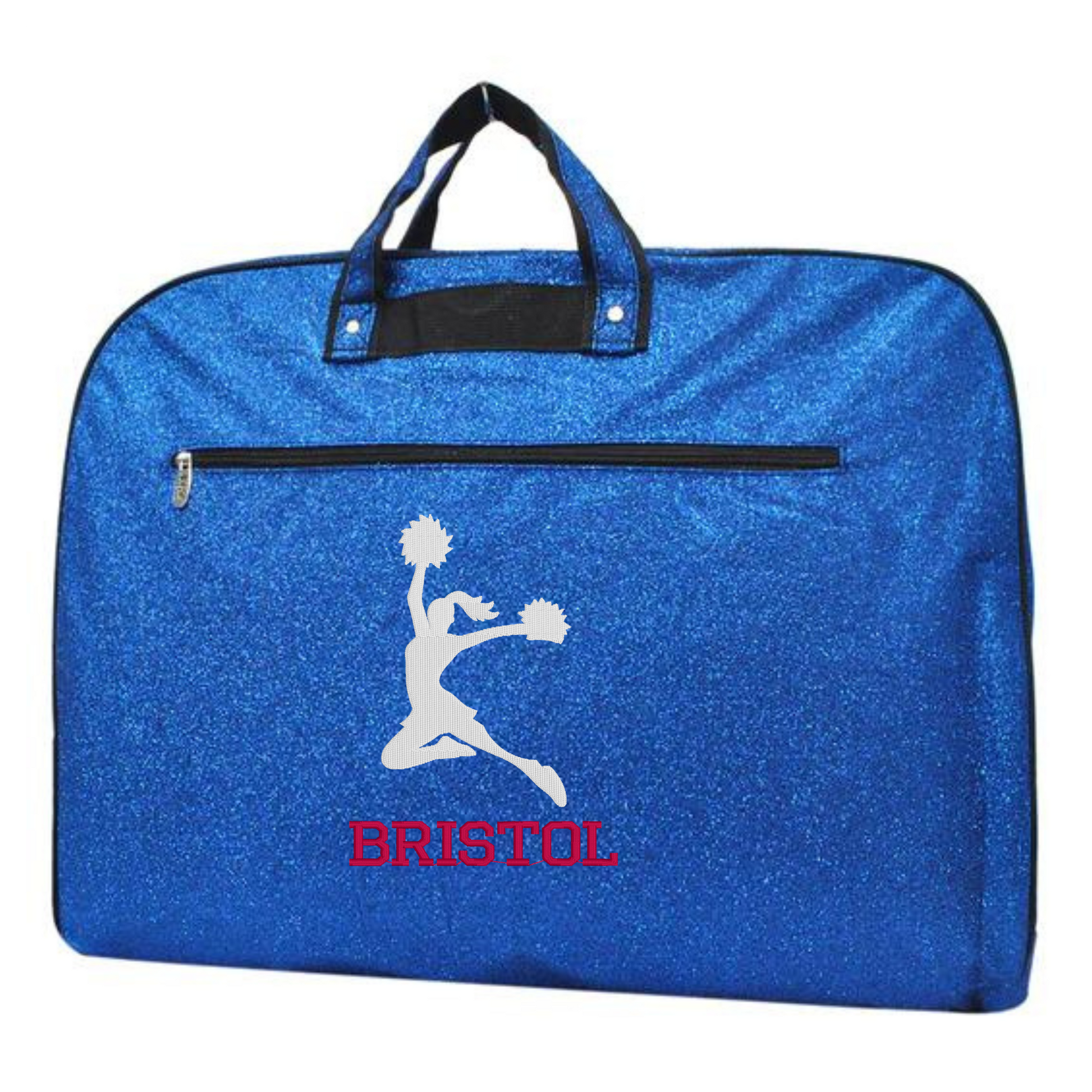 royal blue glitter cheer garment bag personalized with name for cheer competitions and travel