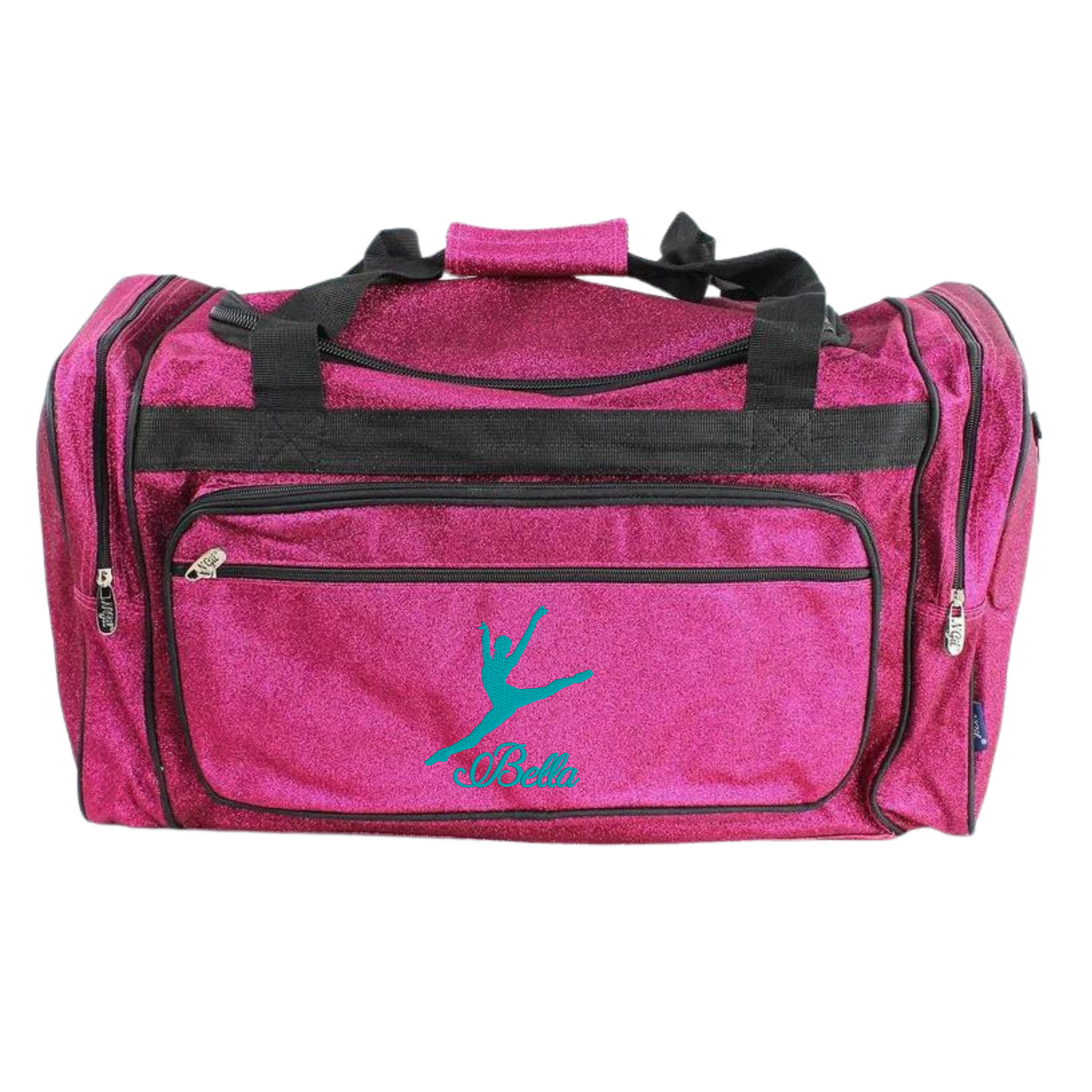 Personalized hot pink glitter dance duffle bag with dancer silhouette and custom name for girls dance gear.

