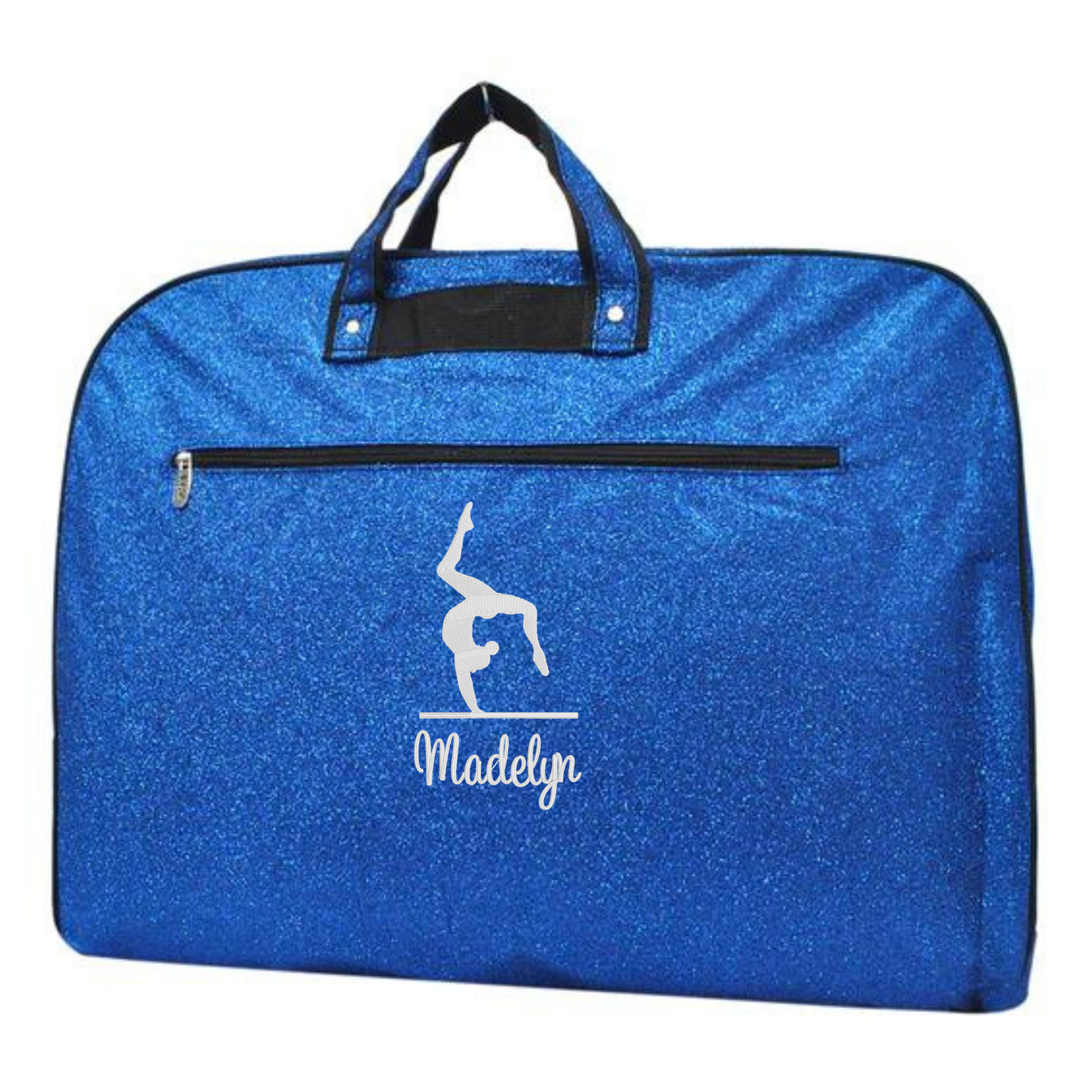 personalized royal blue glitter gymnastics garment bag with gymnast silhouette and custom name for gymnastics competitions and travel