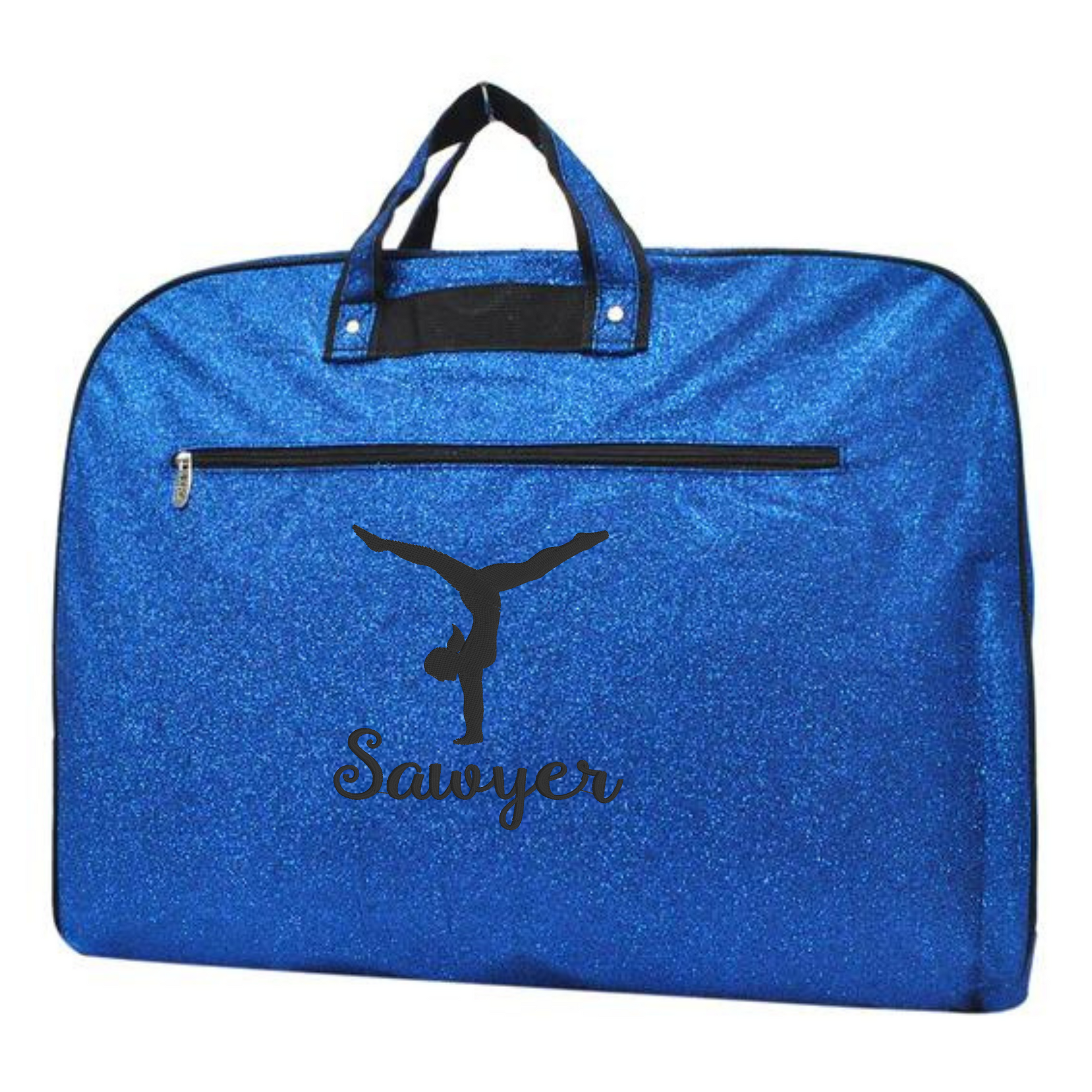 personalized royal blue glitter gymnastics garment bag with gymnast silhouette and custom name for gymnastics competitions and travel