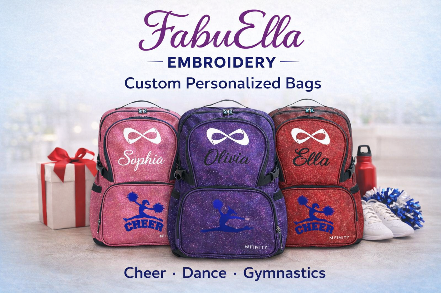 Personalized Nfinity Teal Sparkle Cheer Backpack – Custom Name Cheer Bag with Bold Block Font