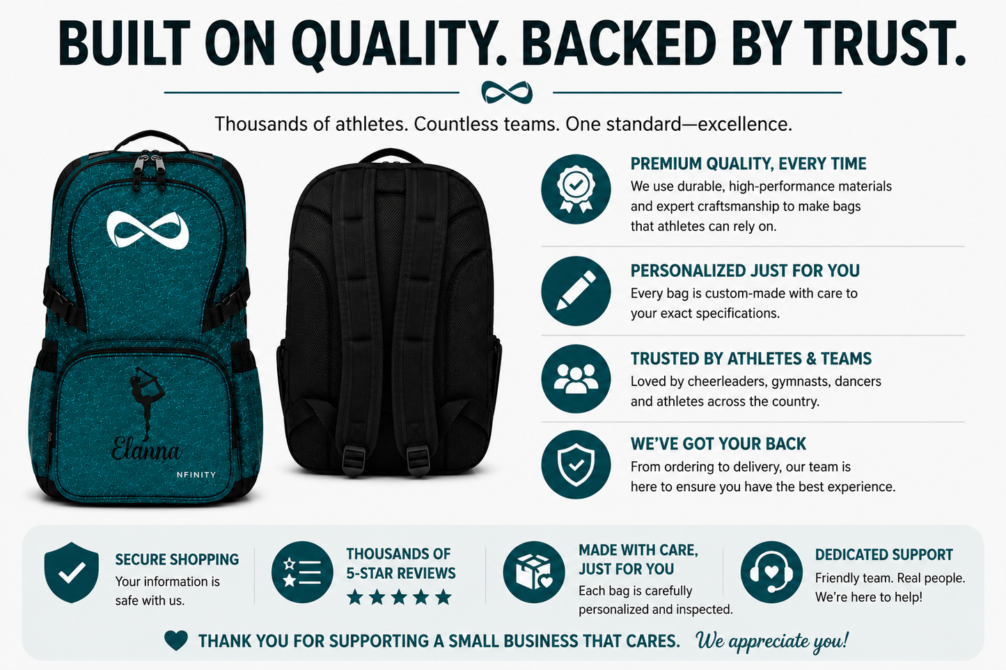 Personalized Teal Glitter Nfinity Cheer Backpack | Custom Cheerleader Competition Bag | Sparkle Athletic School Backpack Gift for Girls