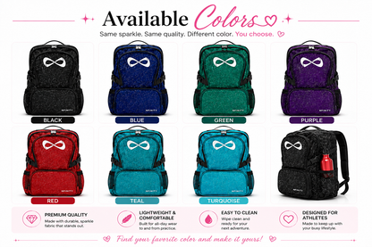 Available glitter color options for personalized Nfinity cheer backpacks.