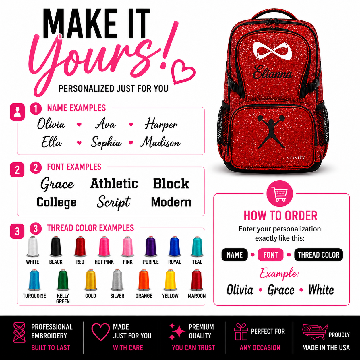 Personalized Red Nfinity Sparkle Backpack | Custom Embroidered Cheer, Dance & Gymnastics Competition Bag