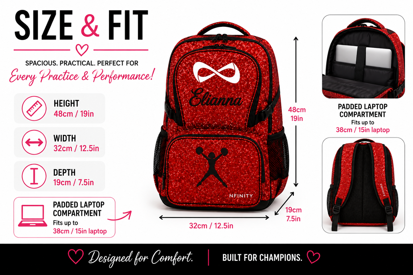 Personalized Red Nfinity Sparkle Backpack | Custom Embroidered Cheer, Dance & Gymnastics Competition Bag