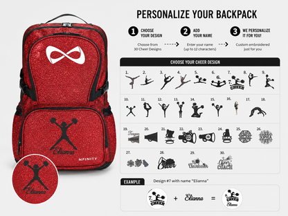 Personalized Red Glitter Cheer Backpack | Custom Nfinity Sparkle Backpack for Cheerleaders