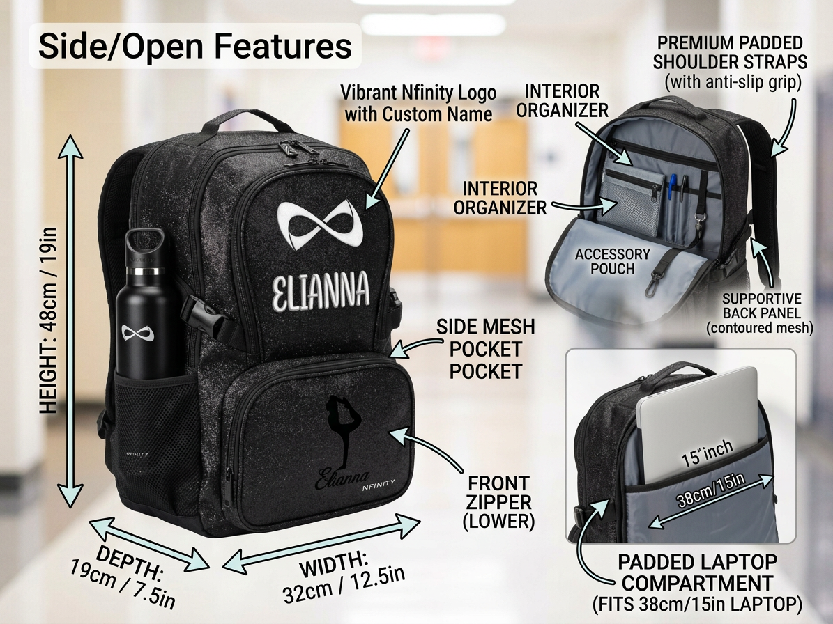 Personalized Teal Nfinity Sparkle Backpack | Custom Embroidered Cheer, Dance & Gymnastics Competition Bag