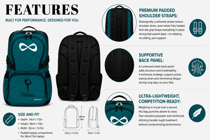 Personalized Teal Glitter Nfinity Cheer Backpack | Custom Cheerleader Competition Bag | Sparkle Athletic School Backpack Gift for Girls