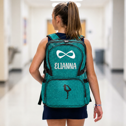 Personalized teal Nfinity sparkle backpack embroidered with a name for cheerleaders