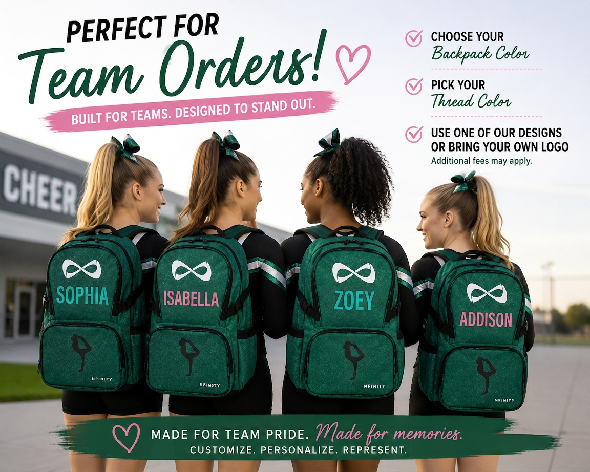 Personalized Teal Nfinity Sparkle Backpack | Custom Embroidered Cheer, Dance & Gymnastics Competition Bag