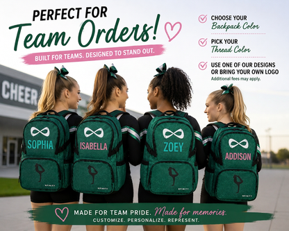 Personalized Teal Nfinity Sparkle Backpack | Custom Embroidered Cheer, Dance & Gymnastics Competition Bag