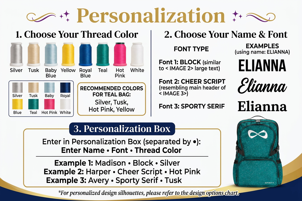 Personalized Teal Nfinity Sparkle Backpack | Custom Embroidered Cheer, Dance & Gymnastics Competition Bag