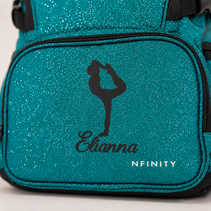 Personalized Teal Glitter Nfinity Cheer Backpack | Custom Cheerleader Competition Bag | Sparkle Athletic School Backpack Gift for Girls