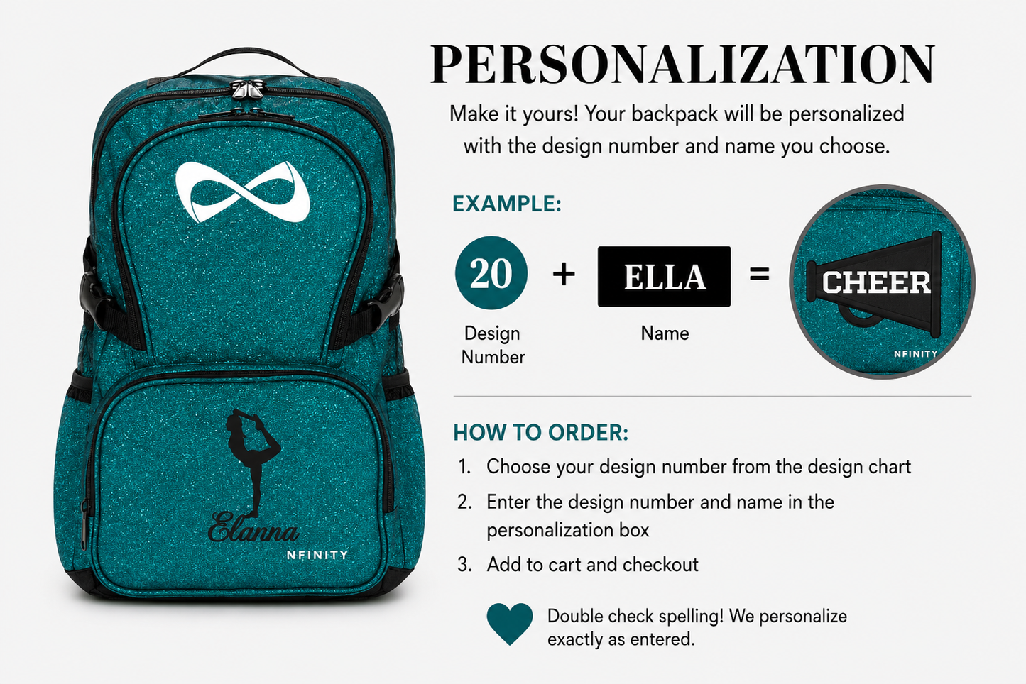 Personalized Teal Glitter Nfinity Cheer Backpack | Custom Cheerleader Competition Bag | Sparkle Athletic School Backpack Gift for Girls